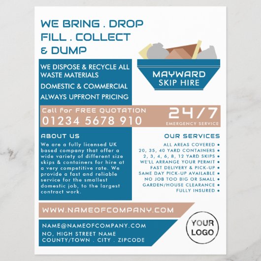Blue Rubbish Skip Design, Skip/Dumpster Company Flyer (Voorkant)