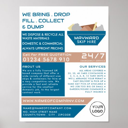 Blue Rubbish Skip Design, Skip/Dumpster Company Poster (Voorkant)