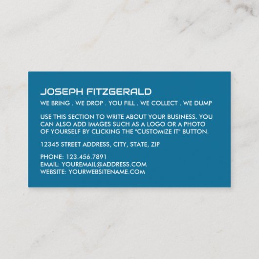 Blue Rubbish Skip Design, Skip/Dumpster Company Visitekaartje (Achterkant)