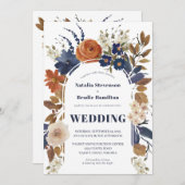 Blue Rust Floral Boho Wedding Invitation Kaart (Voorkant / Achterkant)