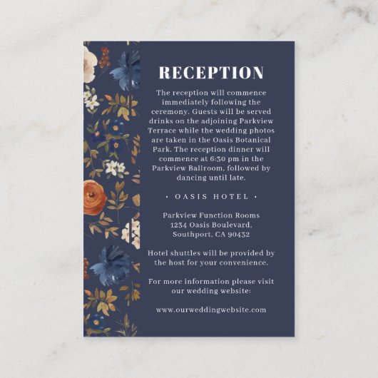 Blue Rust Floral Reception Directions Wedding Informatiekaartje (Achterkant)