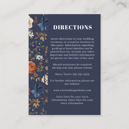 Blue Rust Floral Reception Directions Wedding Informatiekaartje (Voorkant)
