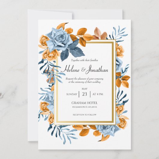 Blue Rust Waterverf Floral Elegant Wedding Kaart (Voorkant)