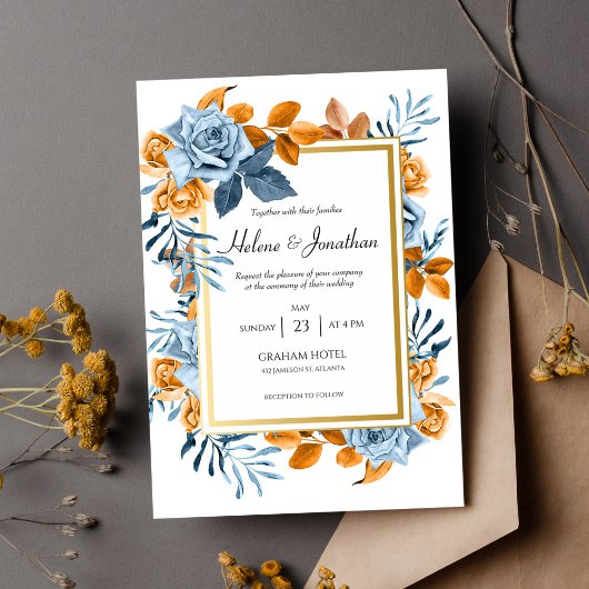 Blue Rust Waterverf Floral Elegant Wedding Kaart