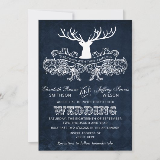 Blue Rustic Antler Deer Woodland Wedding Kaart (Voorkant)