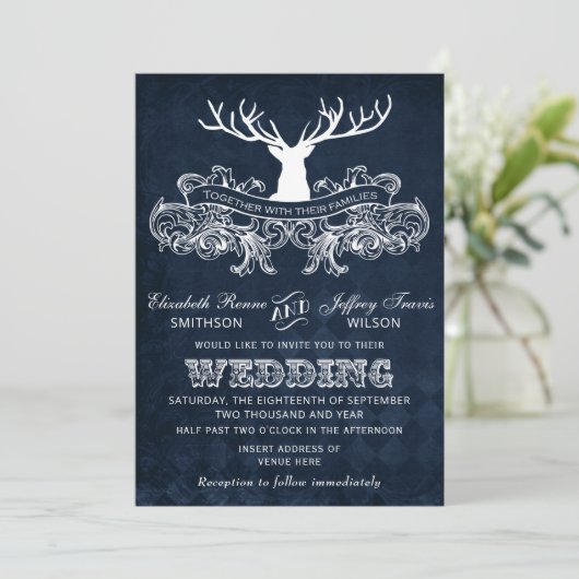 Blue Rustic Antler Deer Woodland Wedding Kaart (Staand voorkant)