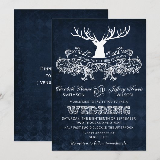Blue Rustic Antler Deer Woodland Wedding Kaart (Voorkant / Achterkant)