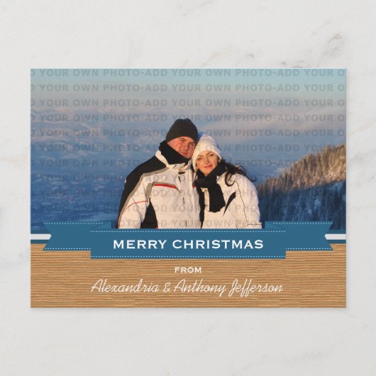 Blue Rustic Banner Holiday Photo Briefkaart (Voorkant)