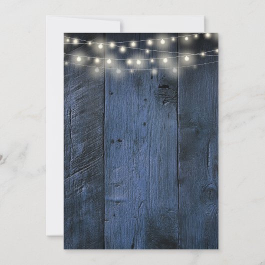 Blue Rustic Barn Wood String Lights Wedding Kaart (Achterkant)