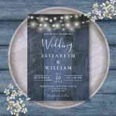 Blue Rustic Barn Wood String Lights Wedding Kaart