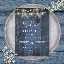 Blue Rustic Barn Wood String Lights Wedding Kaart