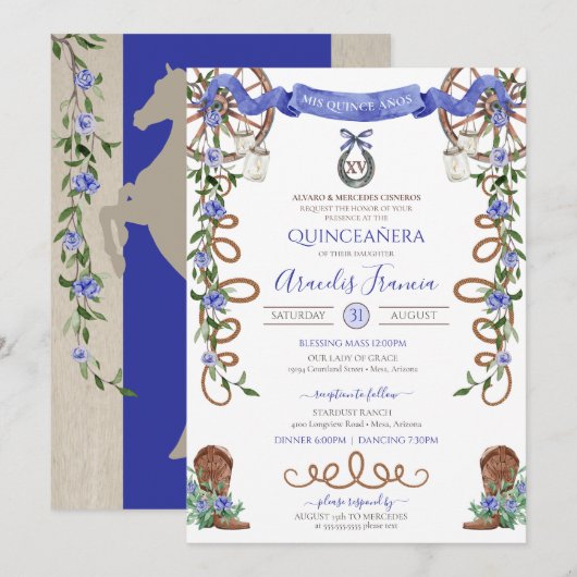 Blue Rustic Boho Western Charra Theme Quinceanera Kaart (Voorkant / Achterkant)