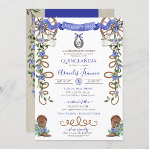 Blue Rustic Boho Western Charra Theme Quinceanera Kaart