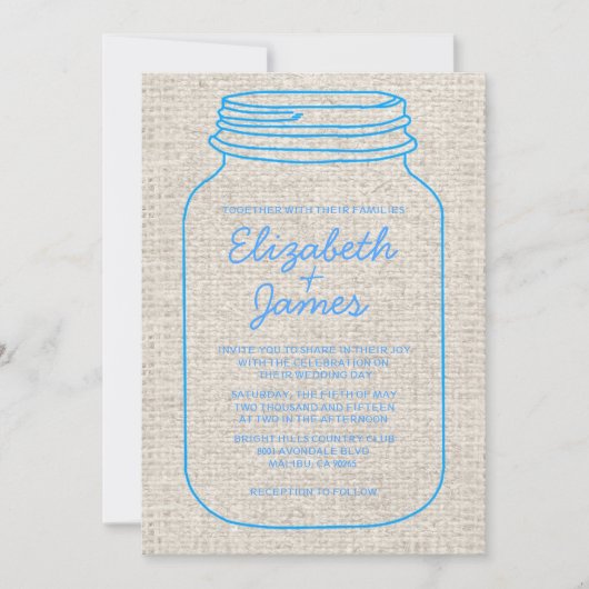 Blue Rustic Burlap Mason Jar Wedding Invitations Kaart (Voorkant)