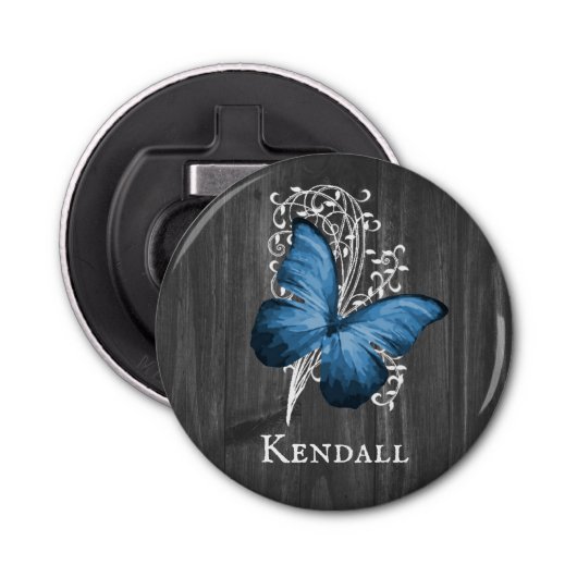 Blue Rustic Butterfly Aangepaste flesopening Button Flesopener (Voorkant)