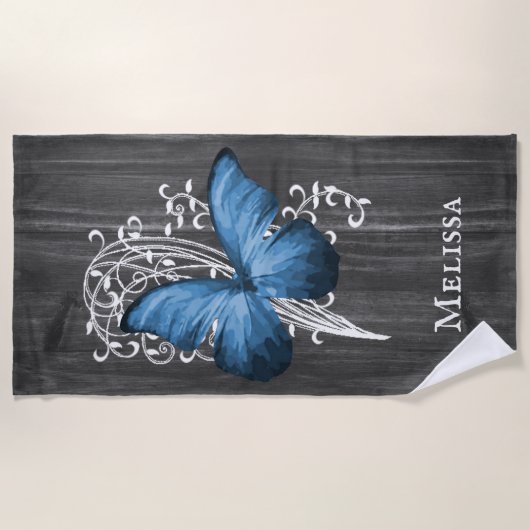 Blue Rustic Butterfly Aangepaste keukenhanddoek Strandlaken (Voorkant)