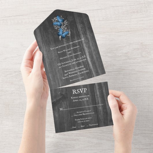 Blue Rustic Butterfly All in One Wedding Invite All In One Uitnodiging (Afscheurbaar)