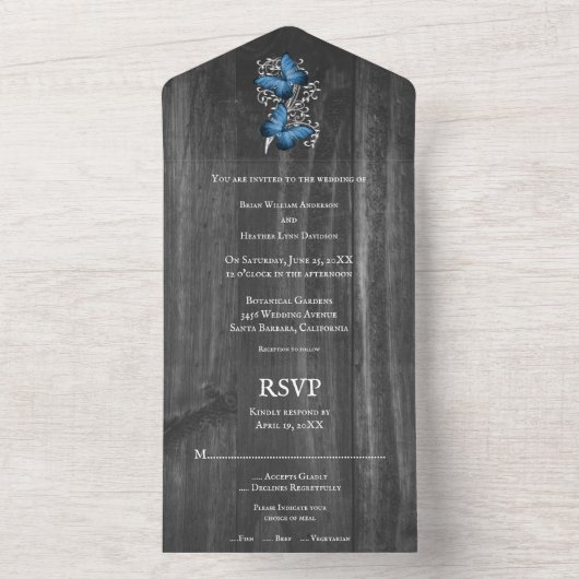 Blue Rustic Butterfly All in One Wedding Invite All In One Uitnodiging (Binnen)