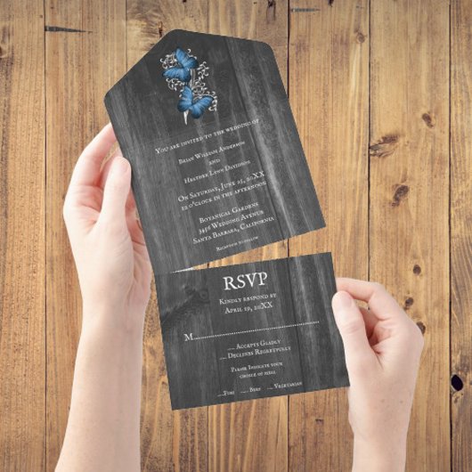 Blue Rustic Butterfly All in One Wedding Invite All In One Uitnodiging
