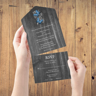 Blue Rustic Butterfly All in One Wedding Invite Uitnodiging