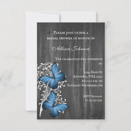 Blue Rustic Butterfly Vrijgezellenfeest Invite Kaart (Voorkant)