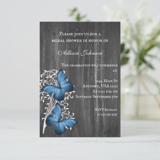 Blue Rustic Butterfly Vrijgezellenfeest Invite Kaart (Staand voorkant)