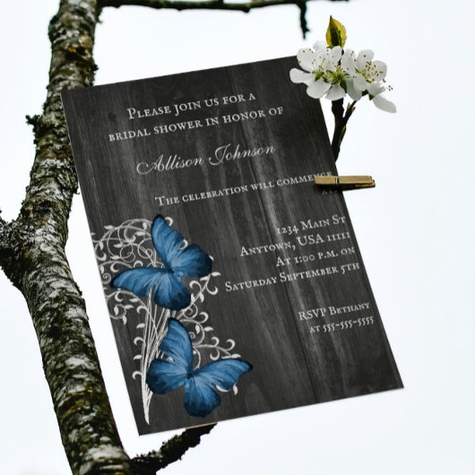 Blue Rustic Butterfly Vrijgezellenfeest Invite Kaart