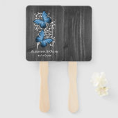 Blue Rustic Butterfly Wedding Favor Hand Fan Handwaaier (Voorkant en achterkant)