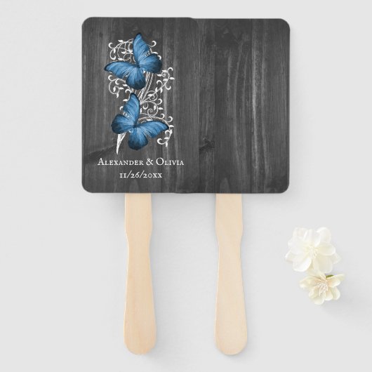 Blue Rustic Butterfly Wedding Favor Hand Fan Handwaaier (Voorkant en achterkant)