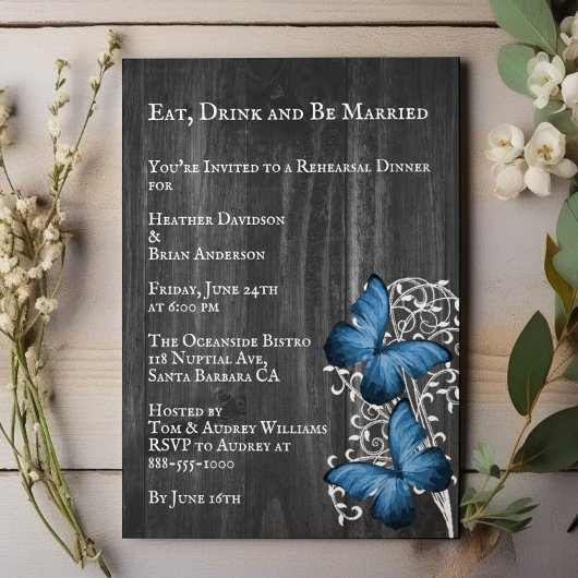 Blue Rustic Butterfly Wedding Rehearsal Dinner Kaart