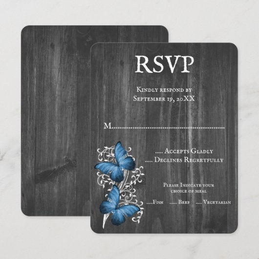 Blue Rustic Butterfly Wedding RSVP Kaart (Voorkant / Achterkant)