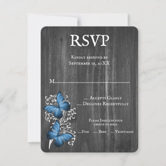 Blue Rustic Butterfly Wedding RSVP Kaart (Voorkant)