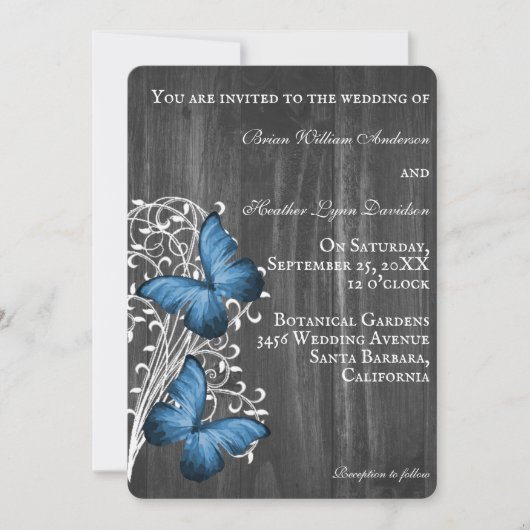 Blue Rustic Butterfly Wedding Uitnodiging (Voorkant)