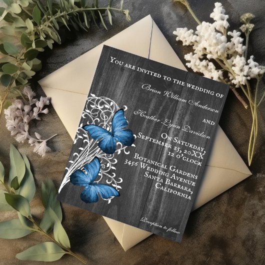 Blue Rustic Butterfly Wedding Uitnodiging
