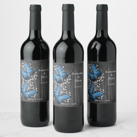 Blue Rustic Butterfly Wedding Wine Label Wijn Etiket (Flessen)