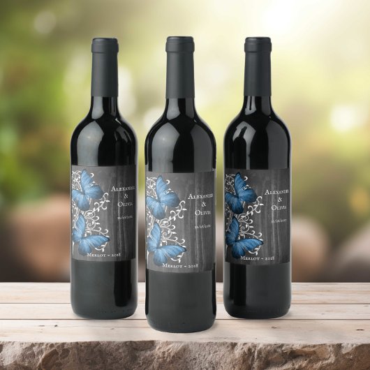 Blue Rustic Butterfly Wedding Wine Label Wijn Etiket
