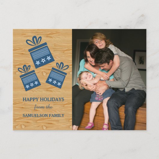 Blue Rustic Cadeaus Holiday Photo Briefkaart (Voorkant)