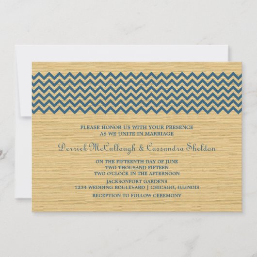 Blue Rustic Chevron Wedding Invite Kaart (Voorkant)