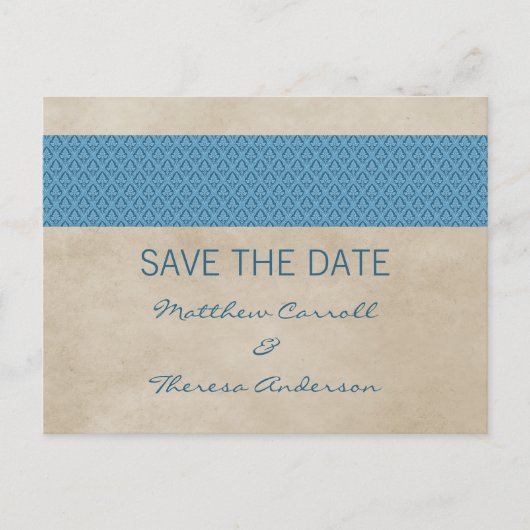 Blue Rustic Damask Save the Date Briefkaart (Voorkant)