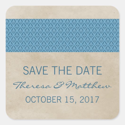 Blue Rustic Damask Save the Date Stickers (Voorkant)