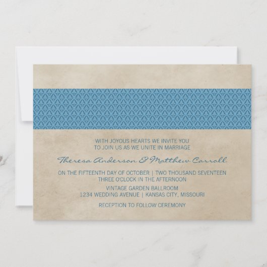 Blue Rustic Damask Wedding Invite Kaart (Voorkant)