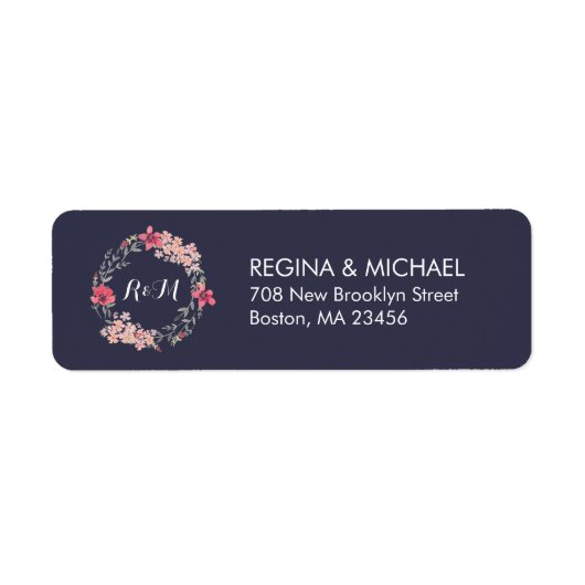 Blue Rustic Floral Wreater Monogram Address Label (Voorkant)