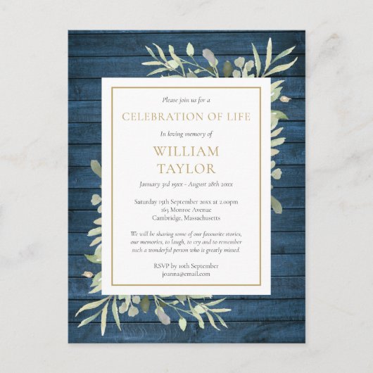 Blue Rustic Foliage Celebration of Life Funeral Aankondigingskaart (Voorkant)