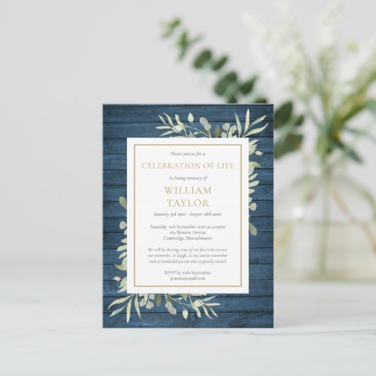 Blue Rustic Foliage Celebration of Life Funeral Aankondigingskaart (Staand voorkant)