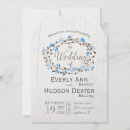 Blue Rustic Forest Typography Barn Wood Wedding Kaart