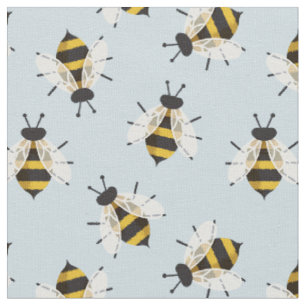 Blue Rustic Illustrated Bee Fabric Stof