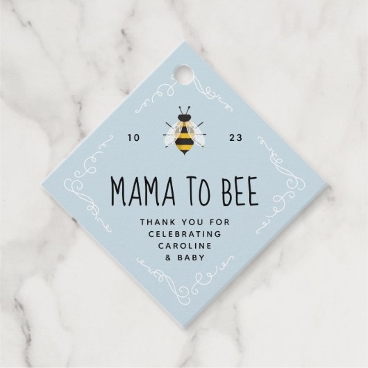 Blue Rustic Mama naar Bee Baby shower Bedankjes Labels (Voorkant)