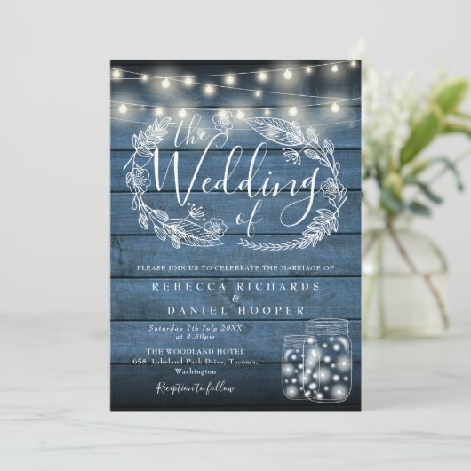 Blue Rustic Mason Jar String Lights Weddenschap Kaart (Staand voorkant)