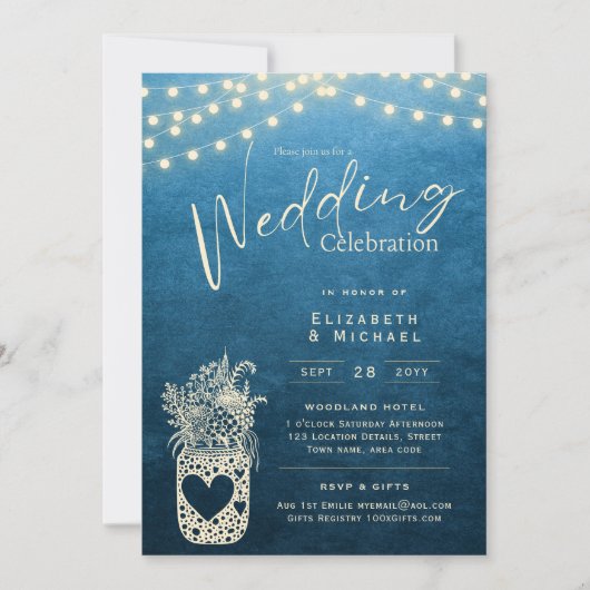 Blue Rustic Mason Jar Wedding DIGITAL Print Kaart (Voorkant)