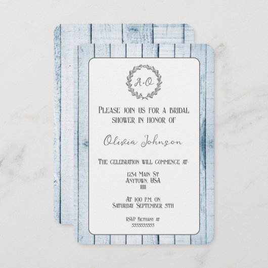 Blue Rustic Monogram Bridal Shower Kaart (Voorkant / Achterkant)